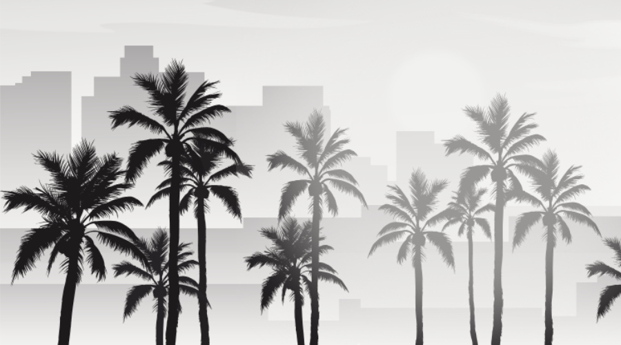 Ilustración de silueta de edificios con palmeras delante, simbolizando venta de propiedades en la costa del sol.